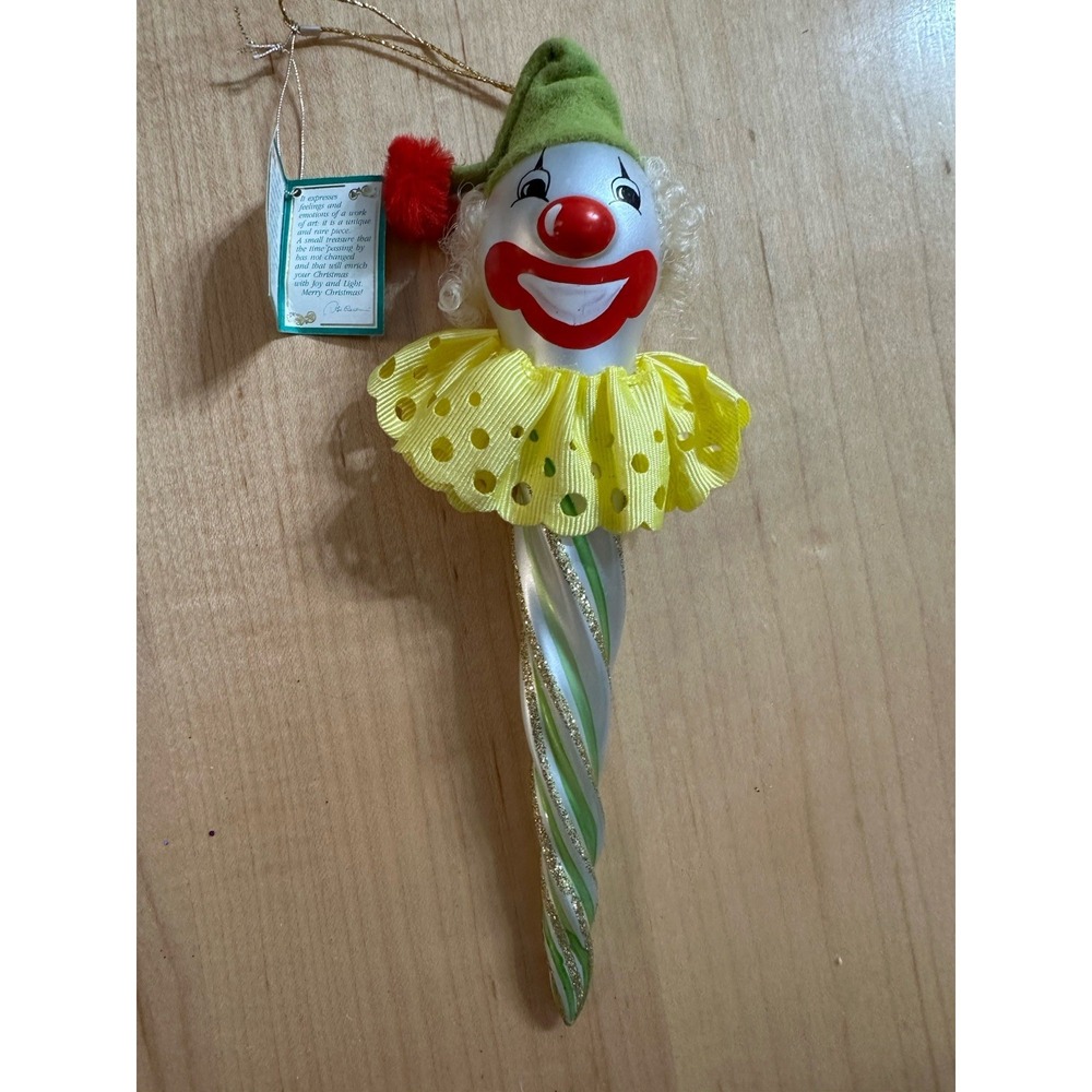 Vtg De Carlini Italian Clown Face Swirl Icicle Christmas Glass Ornament Green